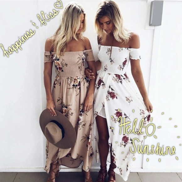 Dresses & Skirts - Summer Smocked Floral Maxi Dress in Khaki Cream